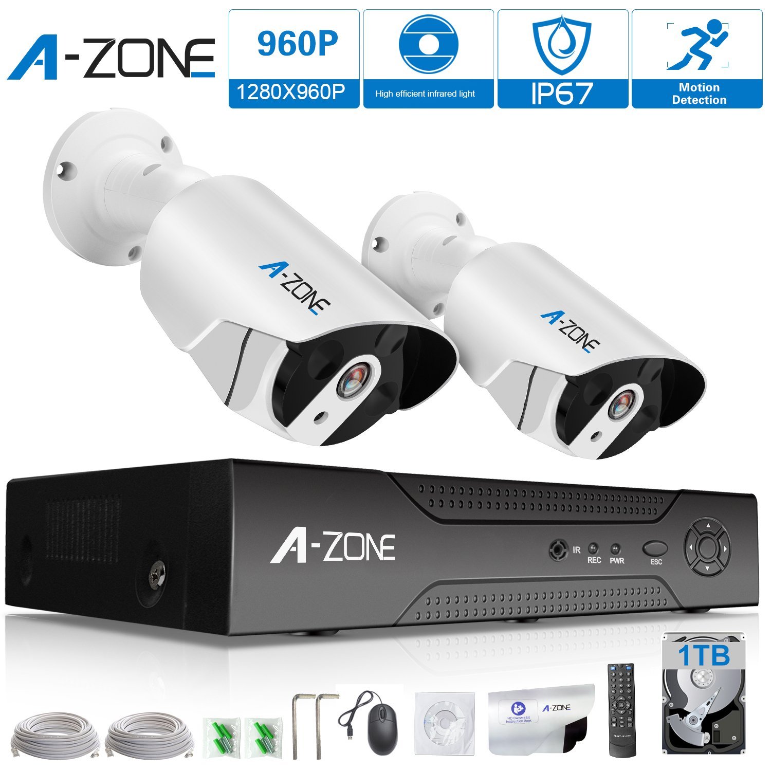 A-ZONE 4CH 1080P NVR IP PoE防犯カメラシステム+ 2屋外/屋内固定 