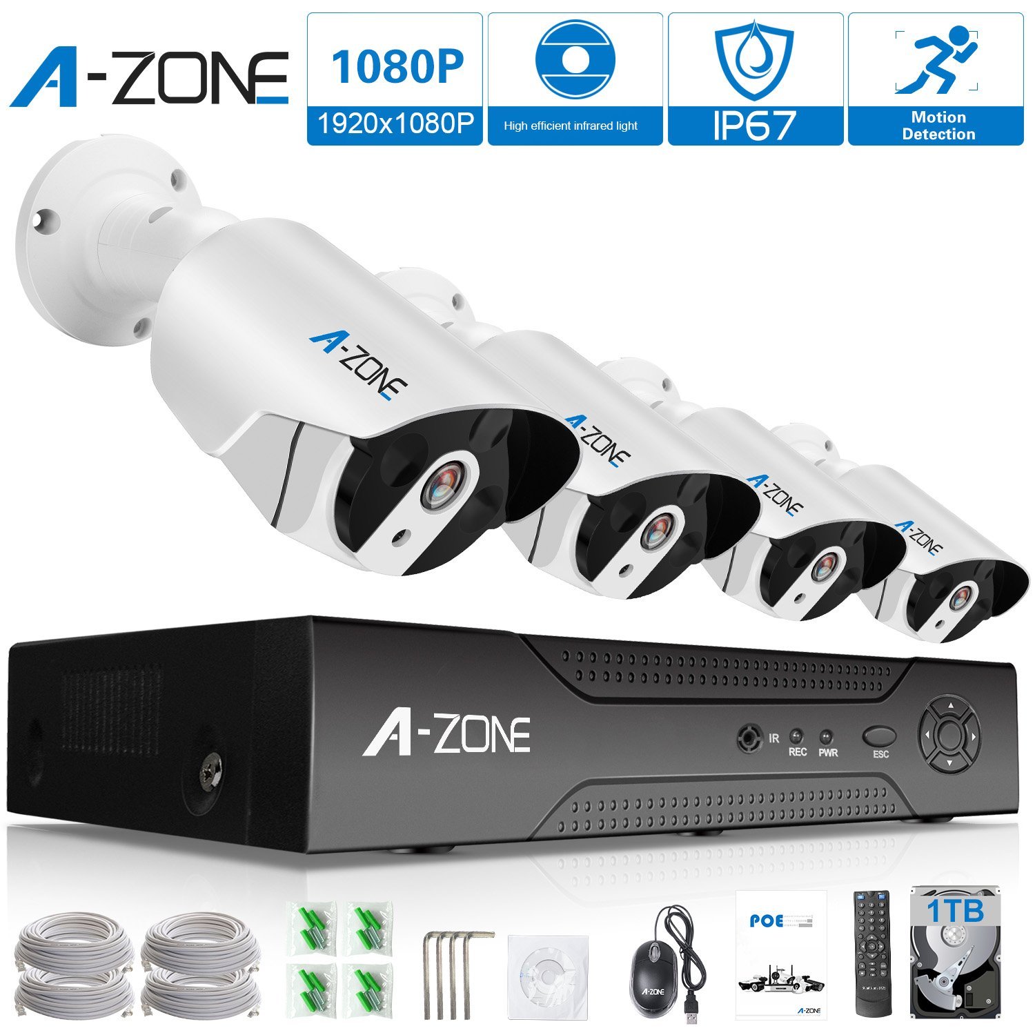 A-ZONE 8CH 1080P NVR IP PoE防犯カメラシステム、屋外/屋内1080P ...